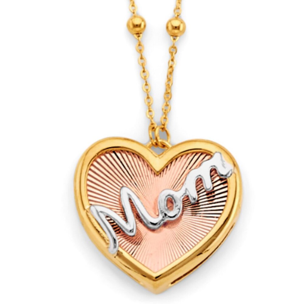 14KT Gold Three-Toned Mom Heart and Bead Necklace
